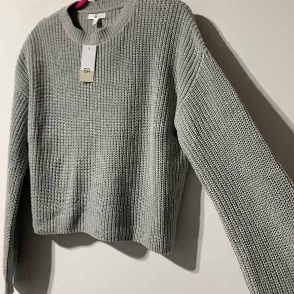 BP Cleo Sweater Women's Size S Grey Heather Chunky Rib Knit Cotton Crop Crewneck - Picture 2 of 12